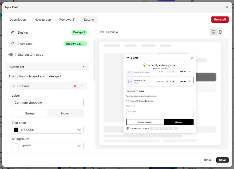 EComposer Ajax Cart settings showing design, trust-seal, custom-code and preview controls