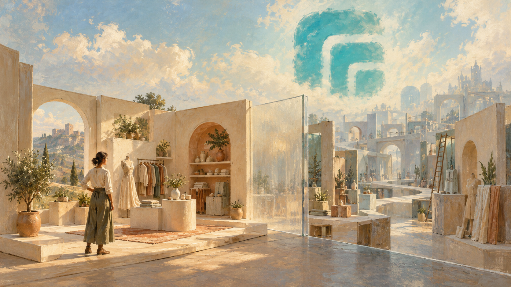 A painterly merchant assembling a modular storefront before a translucent boundary beneath a turquoise sky emblem