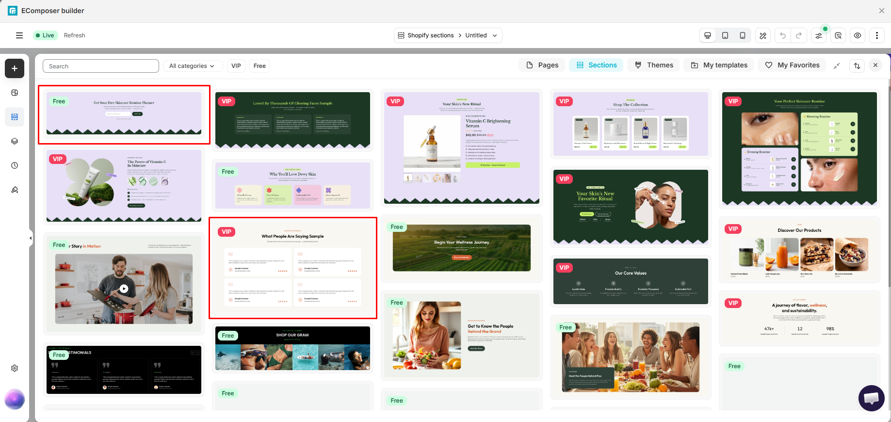 EComposer template library showing a mix of Free and VIP section designs