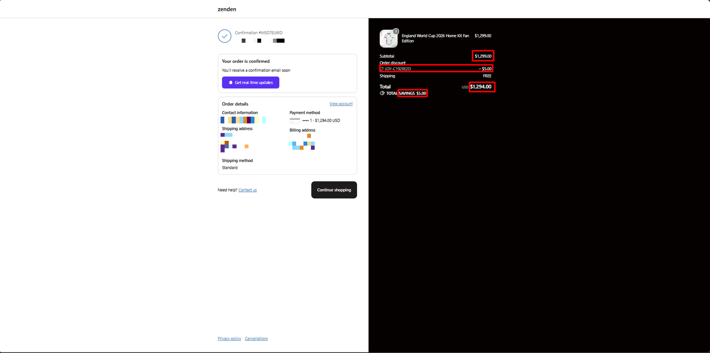 Shopify order confirmation showing the Essent Loyalty discount code applied as a five dollar order discount, reducing a 1,299 dollar order to 1,294 dollars