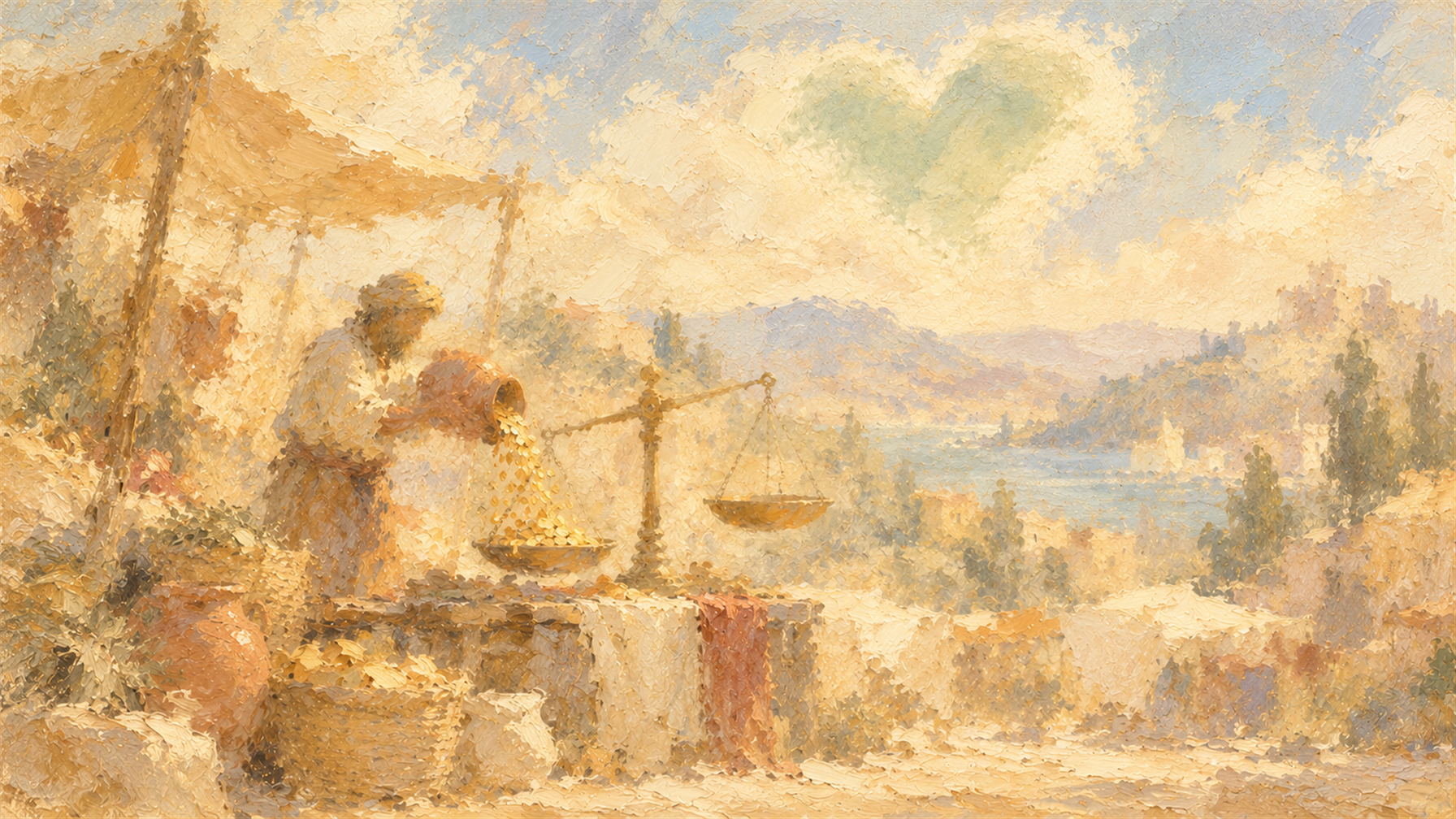 A hazy painterly shopkeeper pouring a stream of golden coins onto a market balance scale that tips sharply, beneath a soft heart-shaped cloud in a warm cream sky above a distant lake