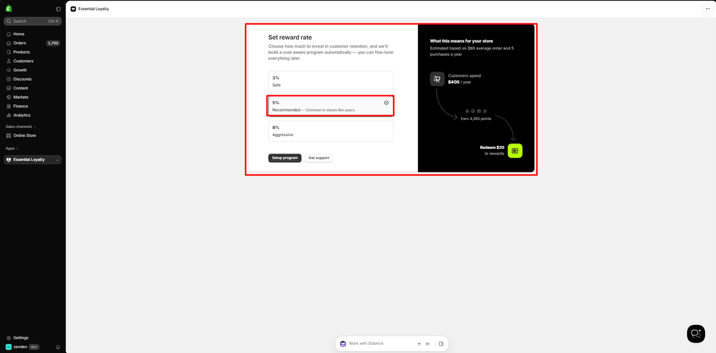 Essent Loyalty onboarding screen asking the merchant to set a reward rate, with three percent safe, five percent recommended and selected, and eight percent aggressive, beside an estimate of points and rewards for a typical customer