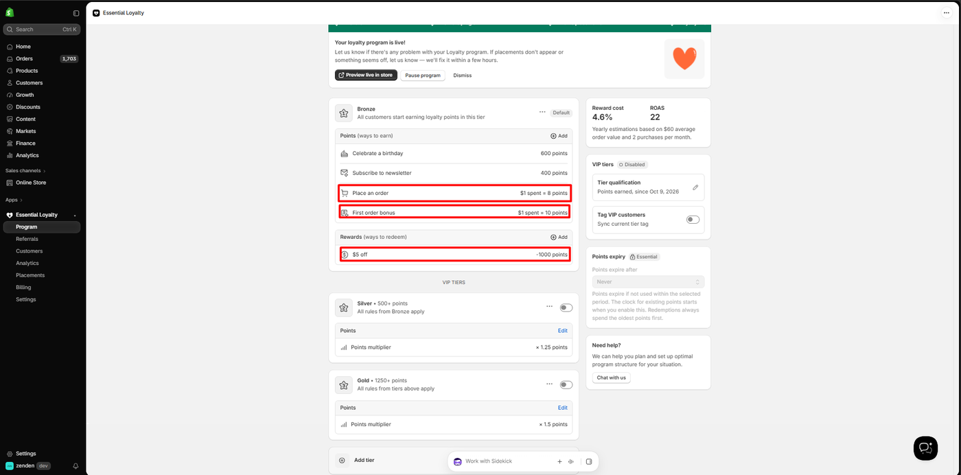 Essent Loyalty program page showing the Bronze tier earning rules for birthday, newsletter, place an order at eight points per dollar and a first order bonus at ten points per dollar, a single five dollar reward for one thousand points, and Silver and Gold VIP tiers switched off