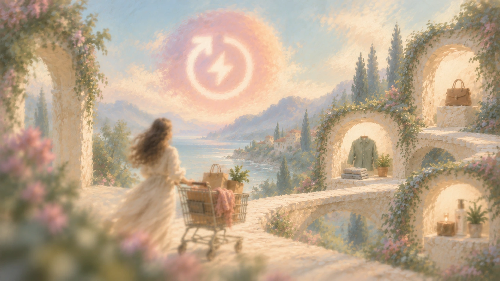 A soft oil painting of a shopper following a branching path toward complementary products beneath an Essential-inspired sky emblem