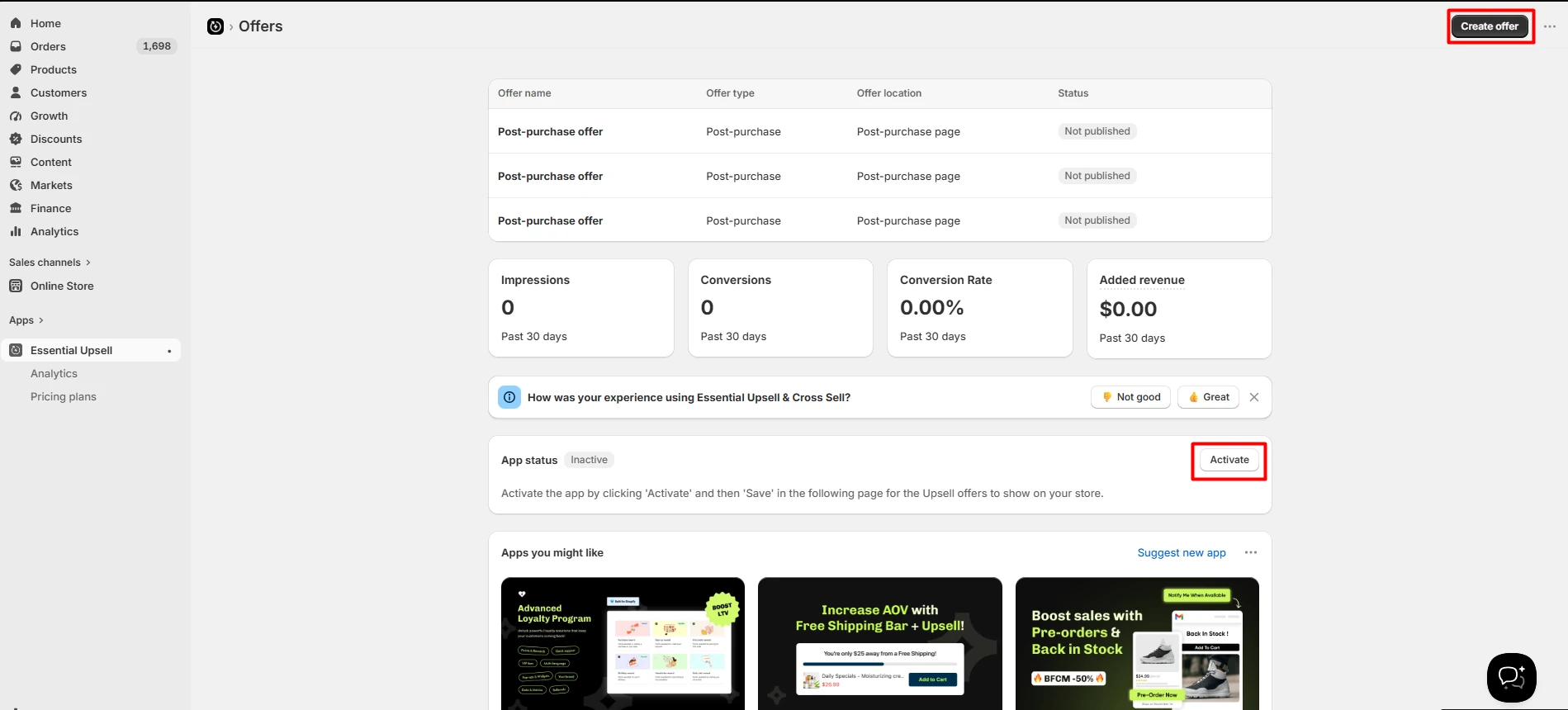 Essential Upsell & Cross Sell dashboard showing three post-purchase campaigns, their unpublished status, performance totals, and an inactive app state