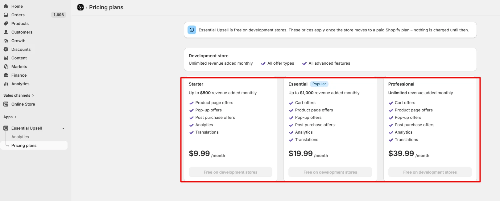 Essential Upsell & Cross Sell pricing showing the development-store terms and the Starter, Essential, and Professional plans