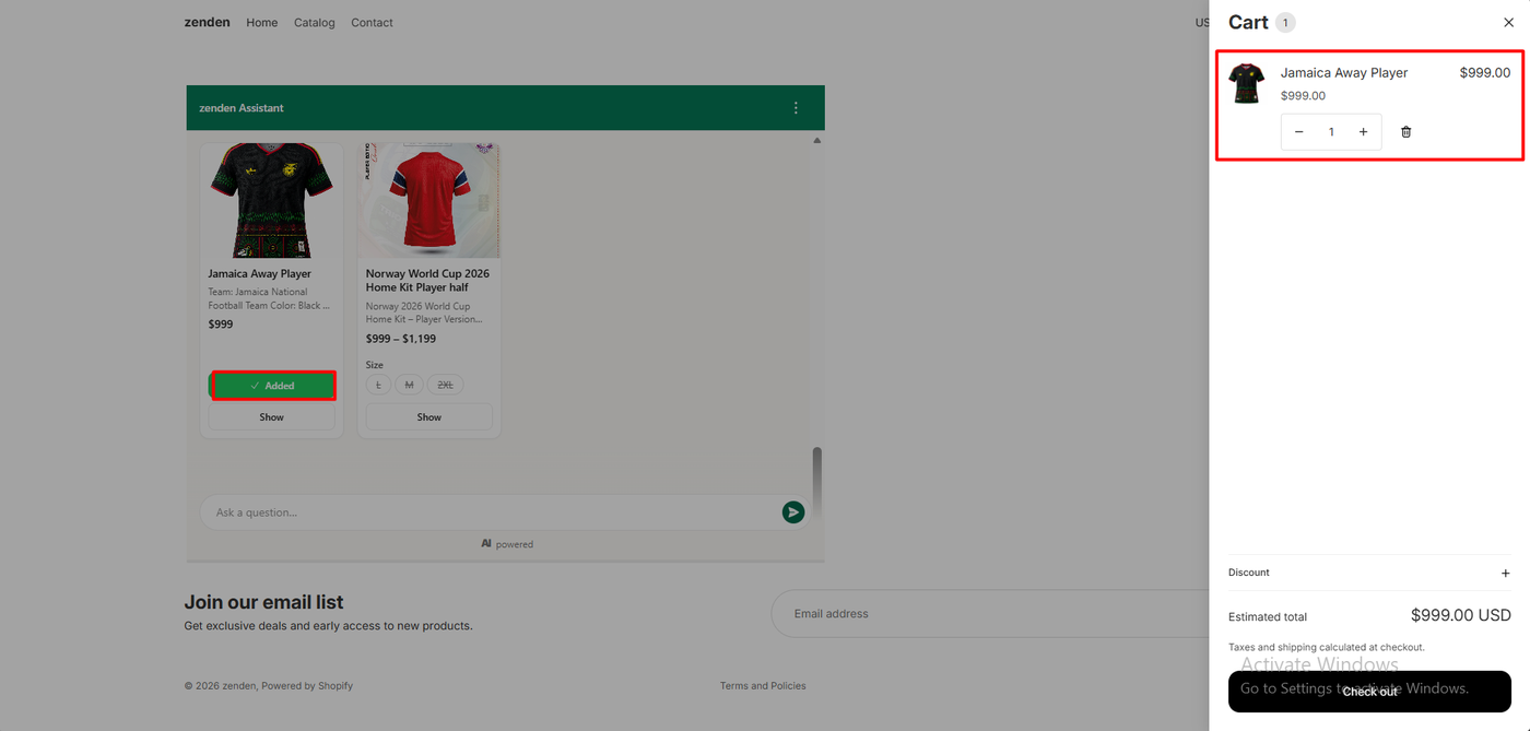 zenden cart drawer showing the Jamaica Away Player at 999 dollars, quantity one, with an estimated total of 999 dollars, after clicking Add to cart in the Flyweight chat, where the button now reads Added
