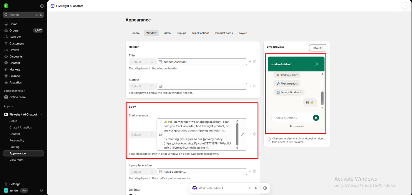 Flyweight Appearance settings on the Window tab with the title zenden Assistant, a markdown start message with a privacy policy link, and a live preview showing Track my order, Find a product and Returns and refunds quick actions