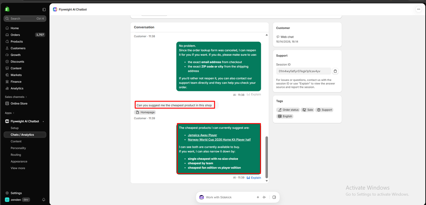 Flyweight Chats and Analytics conversation view showing the shopper’s cheapest product question tagged Homepage, the AI’s answer with an Explain link, a session ID, and automatic tags for order status, sale, support and English