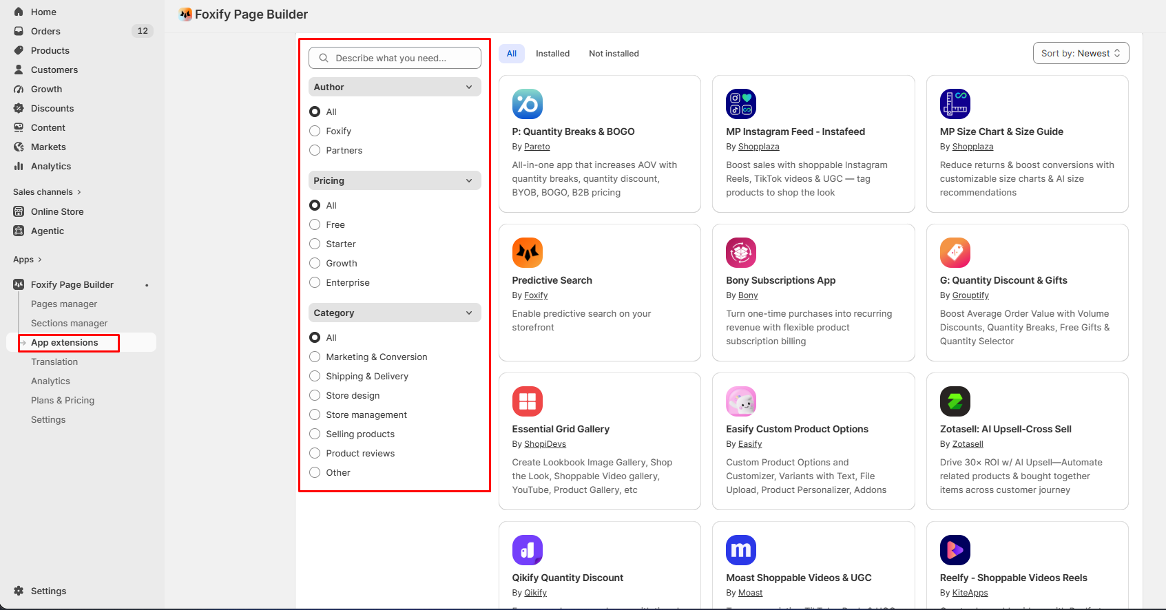 Foxify App extensions screen with Author, Pricing, and Category filters beside extension cards from Foxify and third-party developers