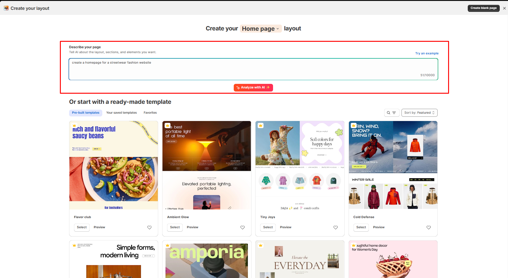 Foxify Create your layout screen with an AI page description field above a library of pre-built home page templates