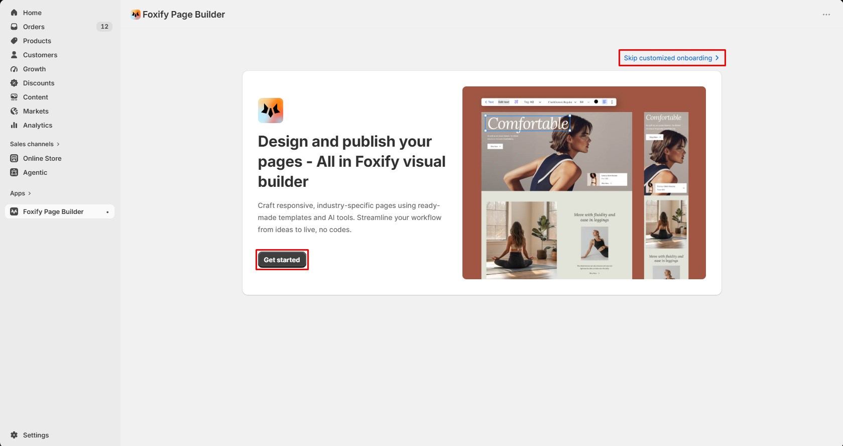 Foxify Page Builder onboarding screen in Shopify Admin with a Get started button and a Skip customized onboarding link