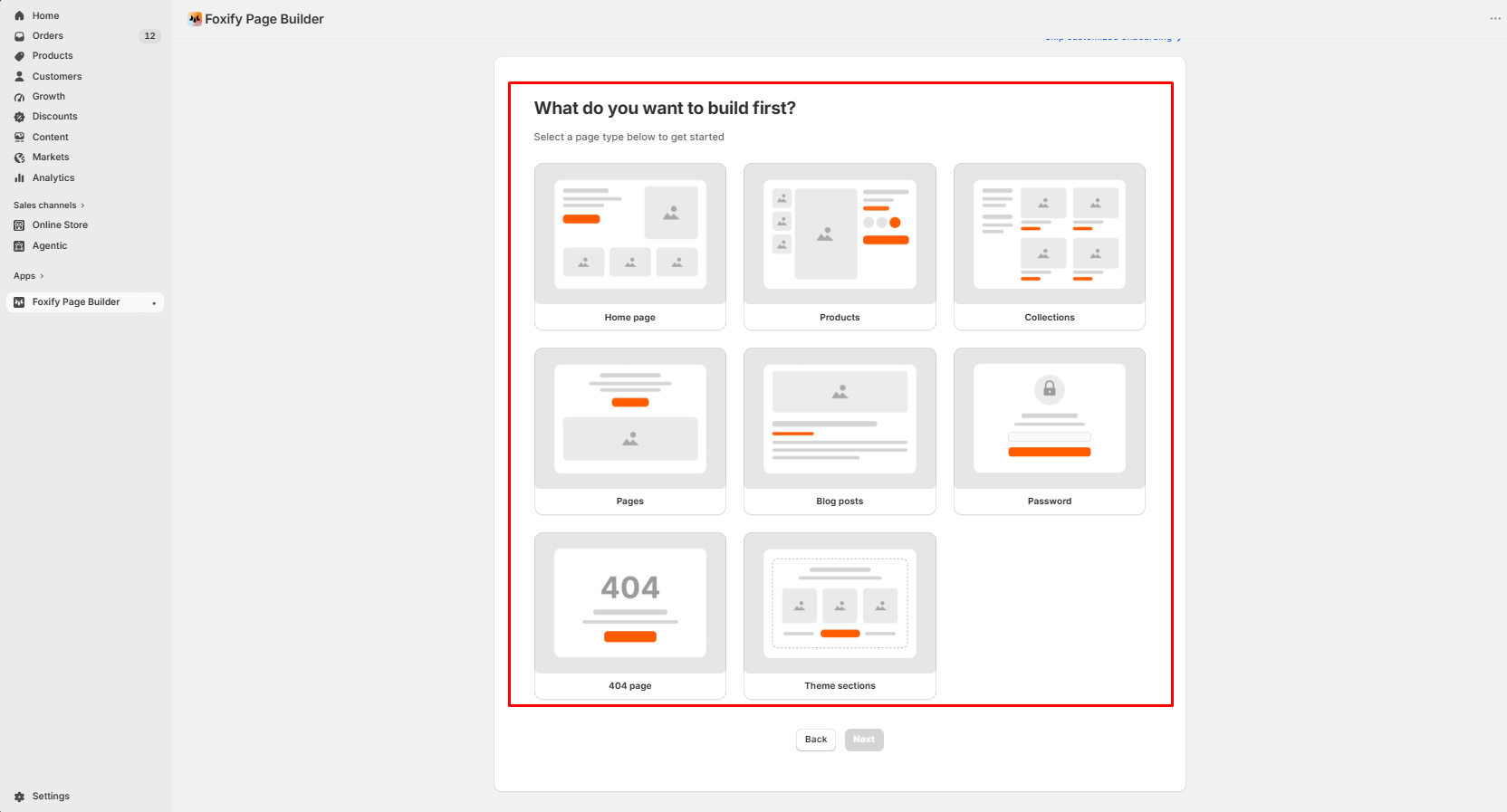 Foxify onboarding step asking what to build first, showing Home page, Products, Collections, Pages, Blog posts, Password, 404 page, and Theme sections