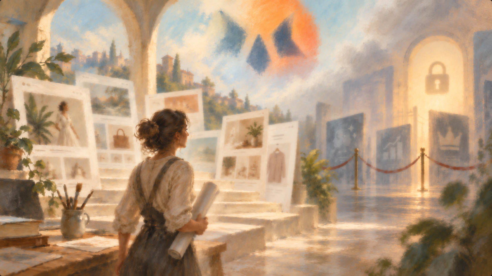 A painterly store builder holding a rolled plan among sunlit page templates, facing a roped-off, locked premium gallery beneath a Foxify-inspired emblem in the sky