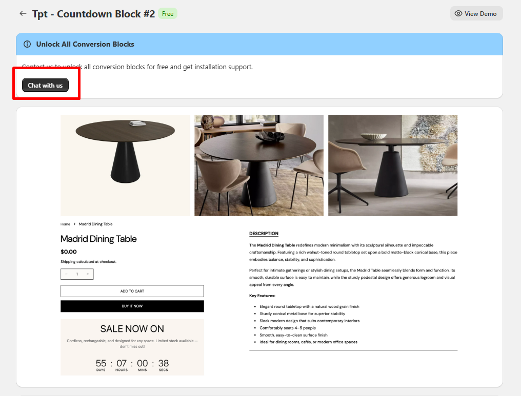 A Conversion Block detail page badged Free, with no install control, showing a banner offering to unlock all conversion blocks for free via a Chat with us button