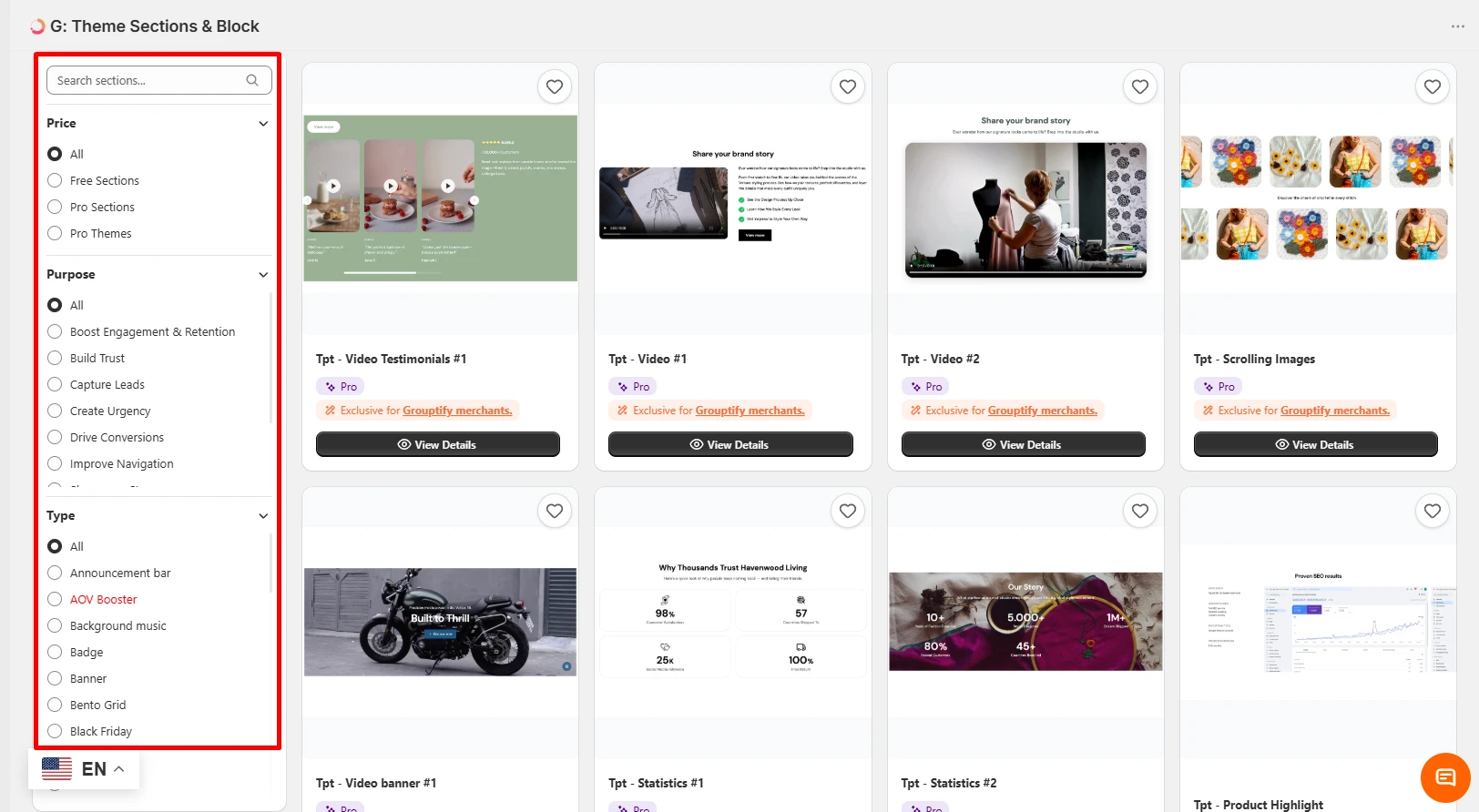 A full screen of Pro-only sections including video testimonials, video banners, scrolling images and statistics, none with an Install control