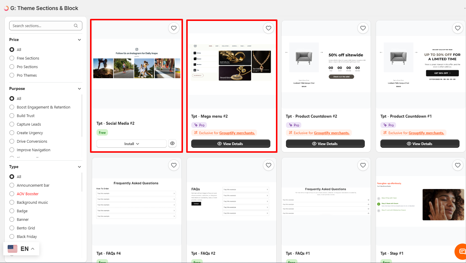 Section Library grid showing a Free section with an Install button beside a Pro section marked Exclusive for Grouptify merchants with only a View Details button