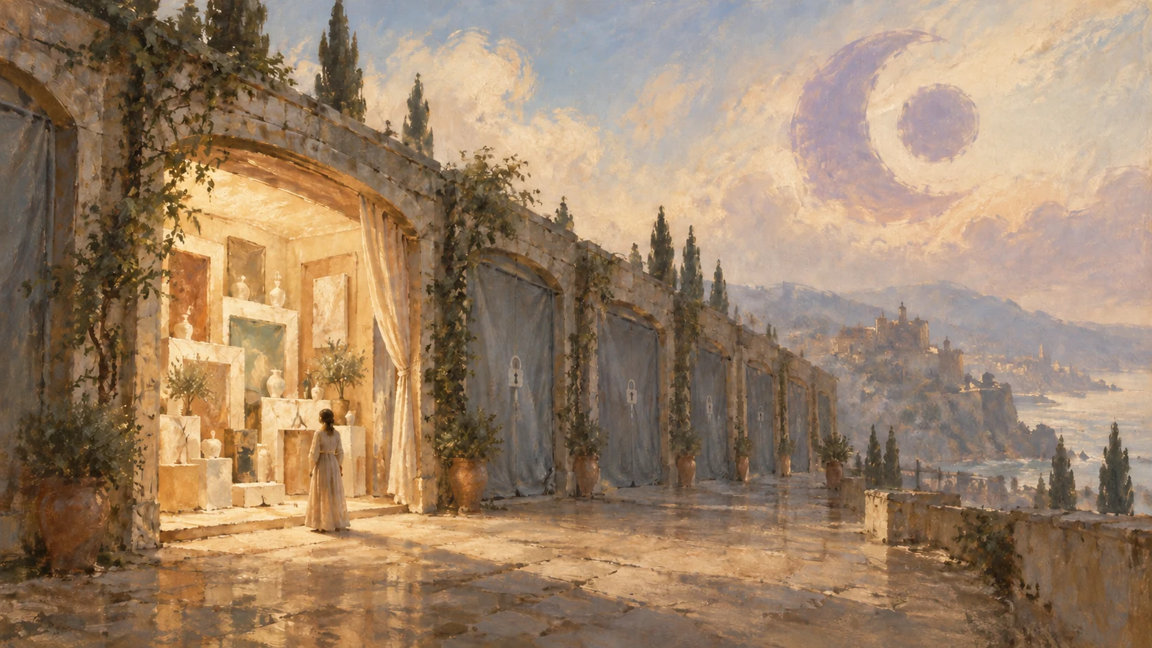 An abstract vintage oil painting of a merchant facing one open modular space while several sections remain softly gated, beneath a blurred pastel emblem in the sky.