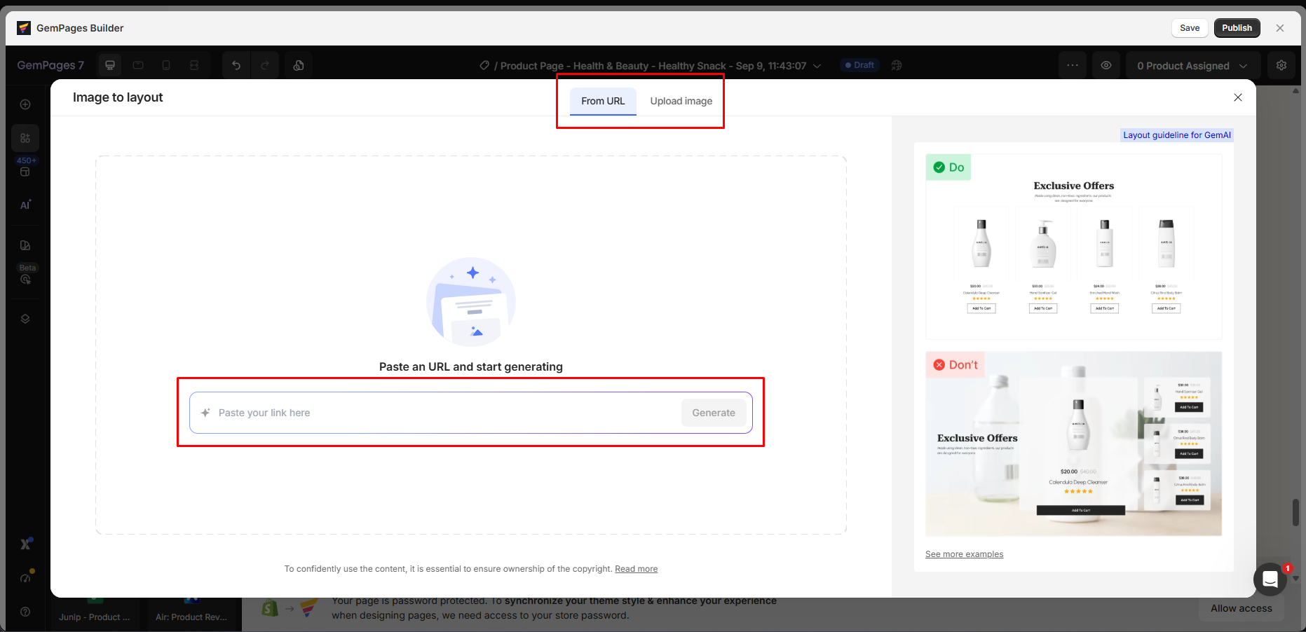 GemPages Image-to-Layout modal showing From URL and Upload image options
