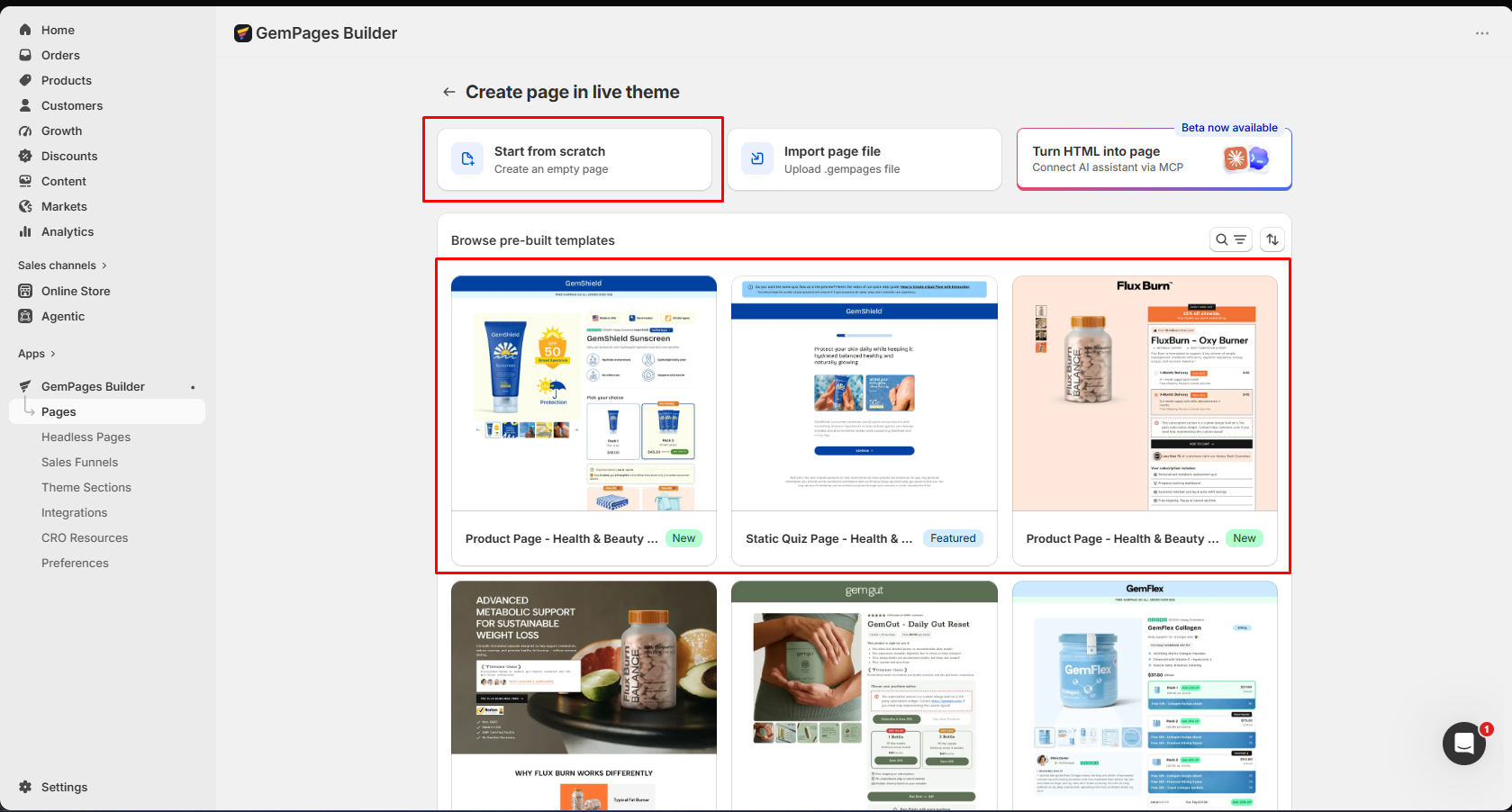 GemPages create-page screen showing start-from-scratch, import-page, HTML-to-page, and pre-built template options