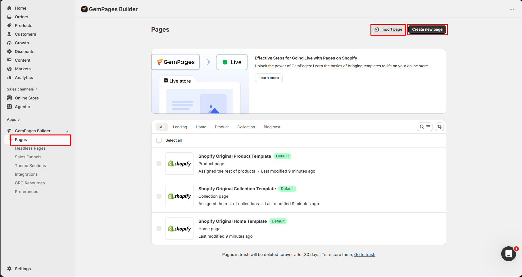 GemPages Pages dashboard showing page categories, existing Shopify templates, import, and create-new-page controls