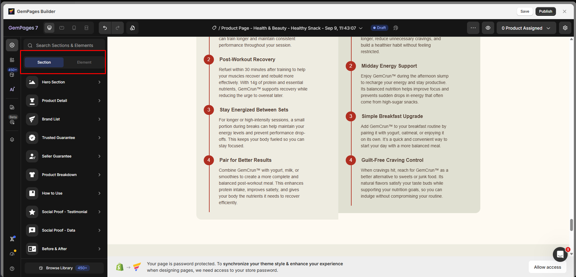GemPages editor showing the Sections and Elements tabs with ecommerce-focused section categories
