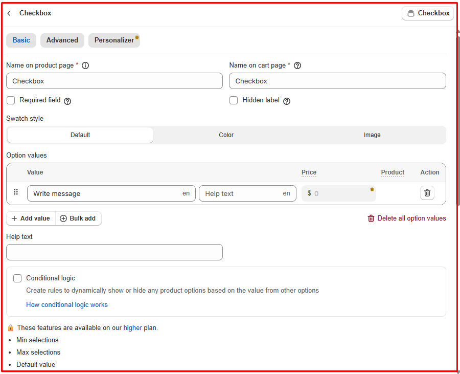 Globo Product Options checkbox editor with Basic, Advanced, and Personalizer tabs, conditional logic, and a note that min selections, max selections, and default value need a higher plan