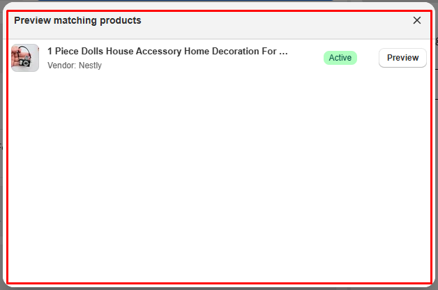 Globo Product Options preview matching products window listing one assigned product marked Active, with a Preview button