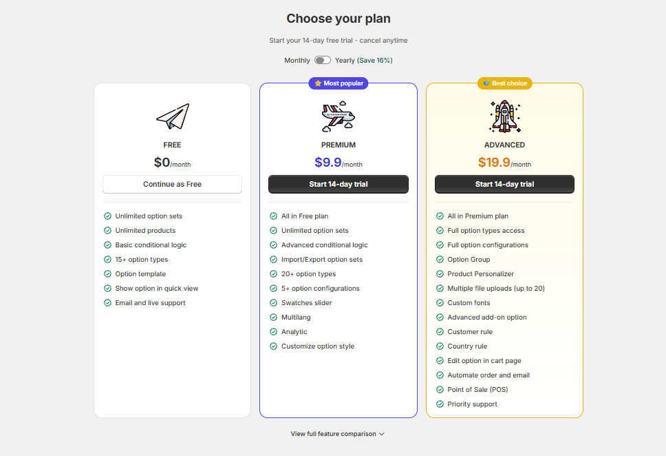 Globo Product Options pricing plans: Free $0, Premium $9.90 per month, and Advanced $19.90 per month, with a 14-day free trial