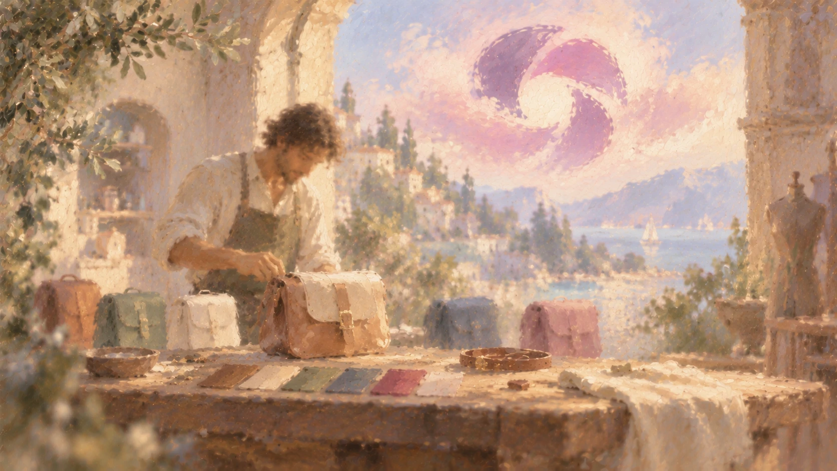 An impressionist painting of a craftsman stitching a leather bag at a sunlit workshop table, with bags and color swatches laid out and a soft purple swirl in the sky.
