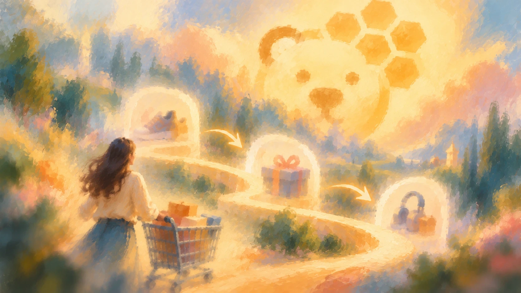 A soft vintage oil painting of a shopper following a winding golden path through abstract offer stages beneath a hazy honeycomb-inspired sky emblem.