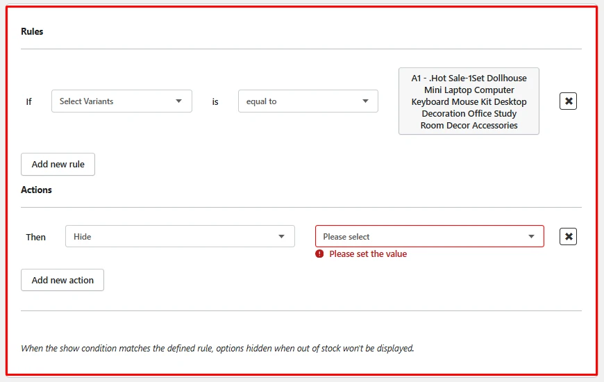 Hulk Product Options add conditional logic screen with a rule that hides an option when a selected variant is equal to a specific product variant