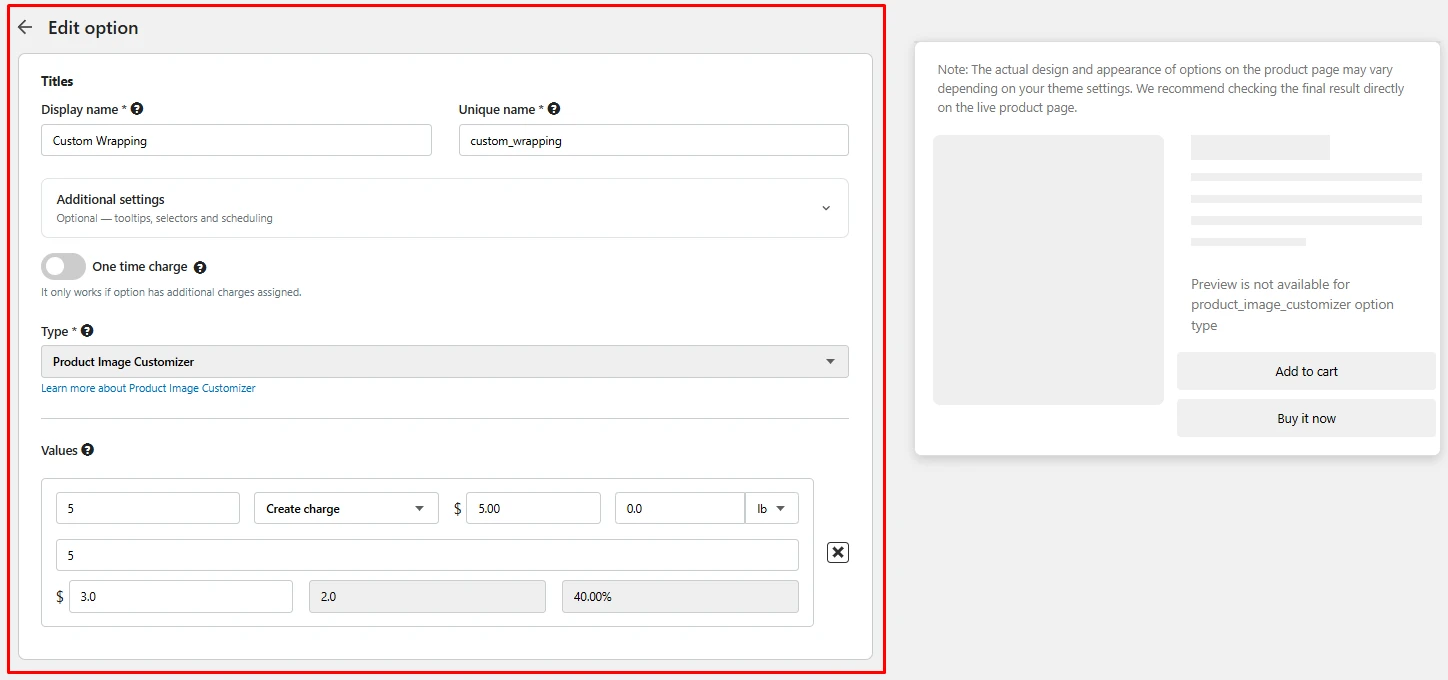 Hulk Product Options edit option screen for a Custom Wrapping option using the Product Image Customizer type, with a $5.00 charge, weight field, and a one-time charge toggle