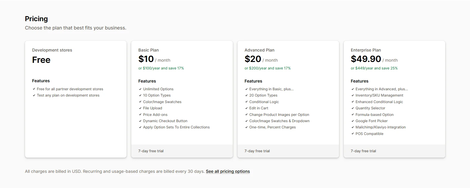 Hulk Product Options pricing plans: Development stores free, Basic $10 per month, Advanced $20 per month, and Enterprise $49.90 per month, each with a 7-day free trial