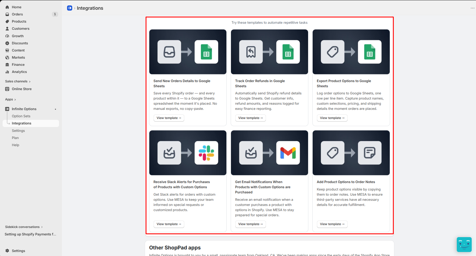 Infinite Options Integrations page with six automation templates, including sending orders and product options to Google Sheets, Slack alerts, email notifications, and adding options to order notes