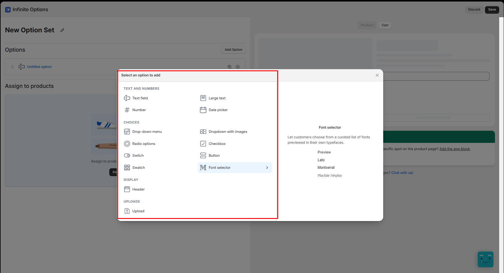 Infinite Options Select an option to add window listing option types under Text and numbers, Choices, Display, and Uploads, with a Font selector preview showing Lato, Montserrat, and Playfair Display