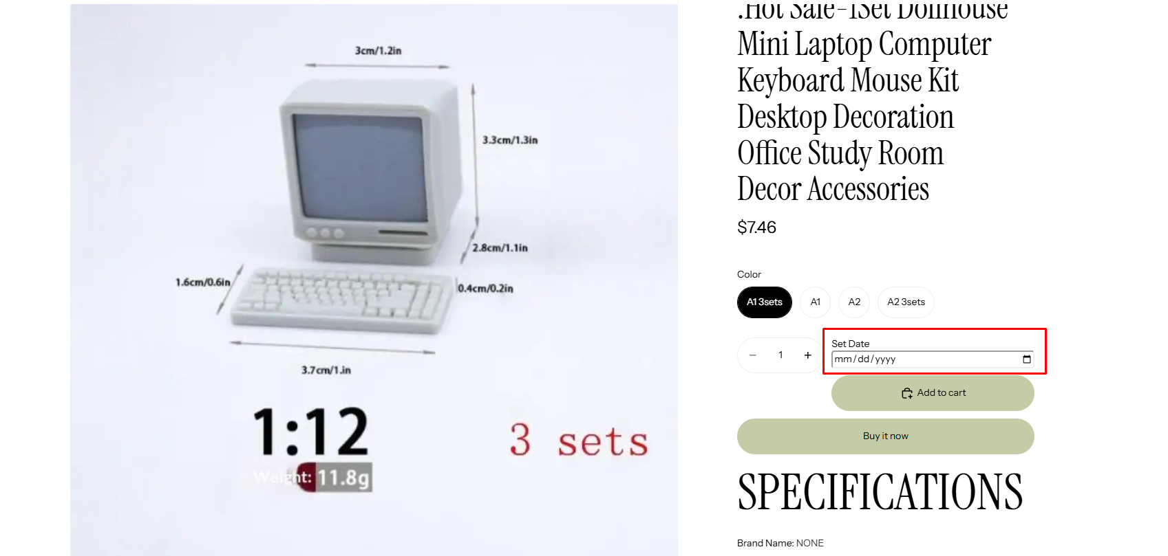 A product page with color variant buttons and a Set Date field with a date input, placed next to the quantity selector and above the Add to cart button