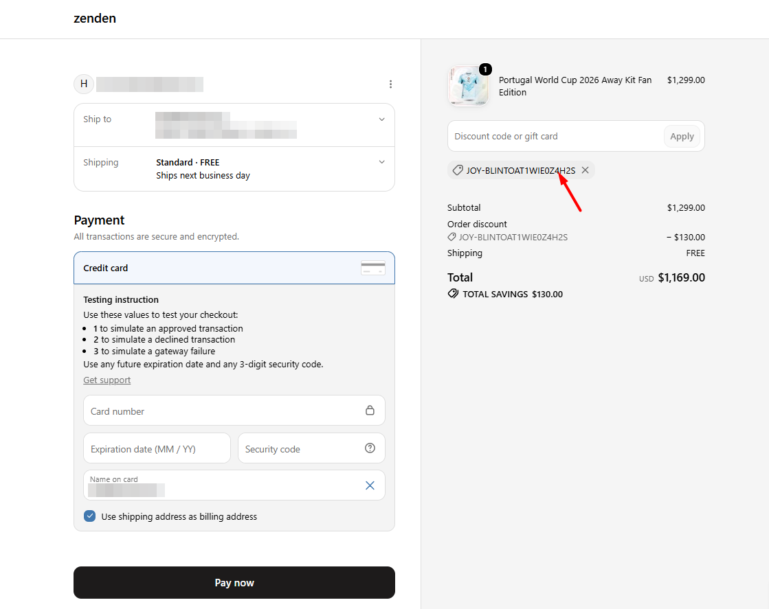 Shopify checkout order summary showing a Joy-generated coupon code applied as a $130 order discount, with total savings of $130 on a $1,299 order