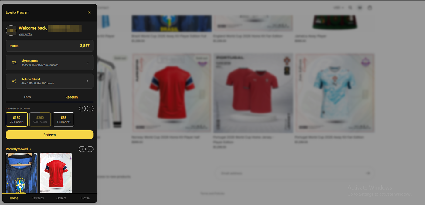 Joy Loyalty Program storefront widget showing points balance, redeem options, coupons, referrals, and customer loyalty navigation