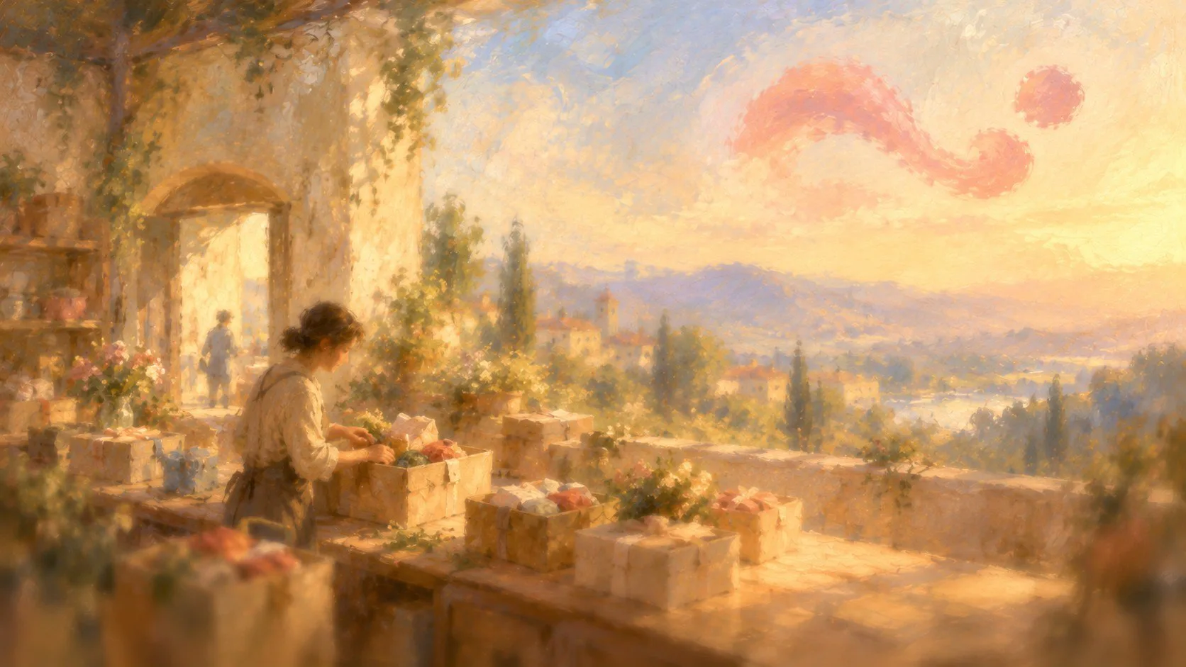 Oil painting of a woman packing ribboned gift boxes on a sunlit stone terrace beside an arched doorway, overlooking hills and a distant town under a soft coral swirl of cloud