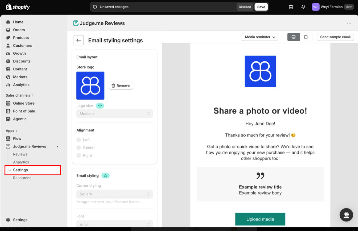 Judge.me email styling settings showing an uploaded store logo while logo size, alignment, corner styling, and font controls are locked