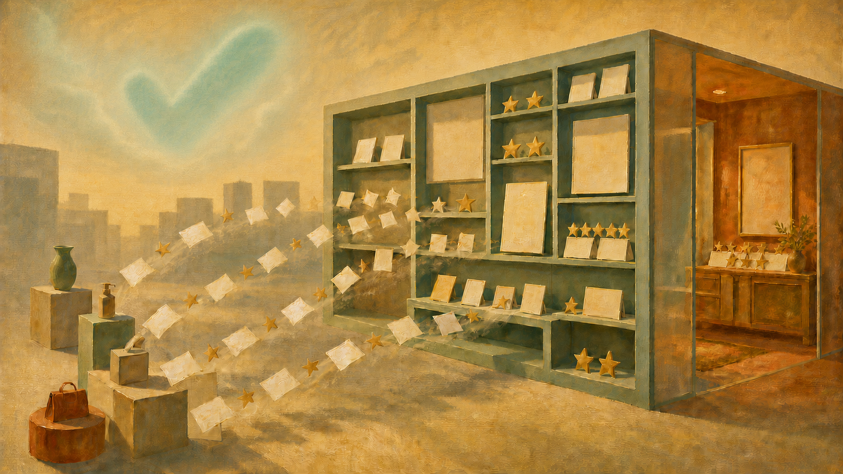 Feedback cards and rating symbols flowing into a painted review display beneath a check-shaped sky formation
