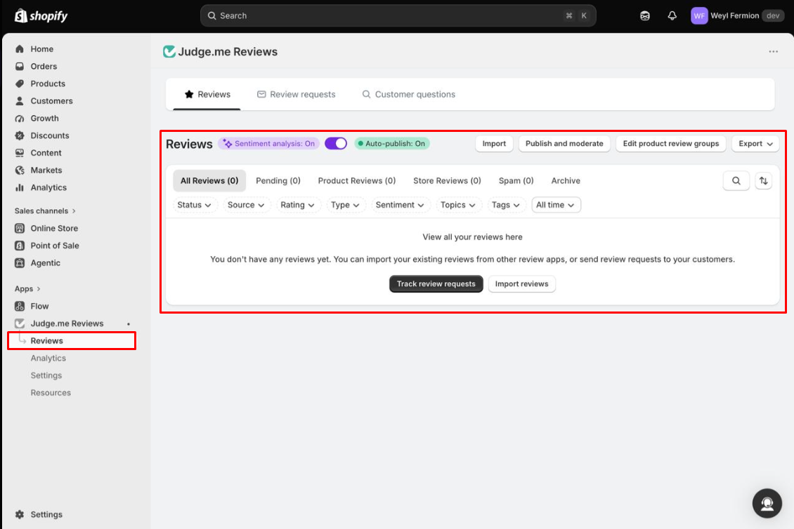 Judge.me review management screen showing review-status tabs, filters, sentiment analysis, auto-publish, importing, and request tracking