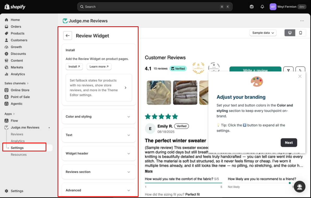 Judge.me Review Widget settings showing installation controls, customization sections, and a live preview with sample review data