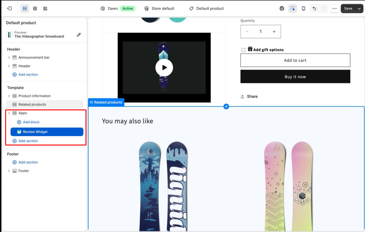 Shopify’s Dawn theme editor showing the Judge.me Review Widget added as an app block on the default product template
