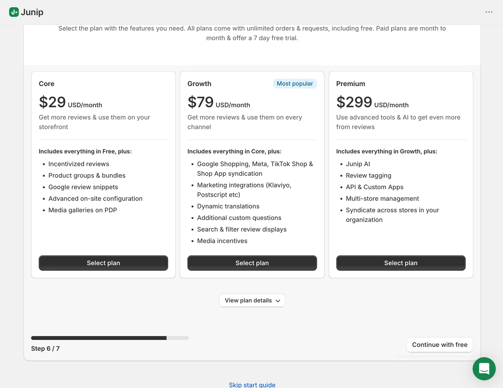 Junip’s in-app plan selection at step 6 of 7, showing Core at $29, Growth at $79, and Premium at $299 per month with feature bullets for each, a note that all plans include unlimited orders and requests, and a Continue with free option