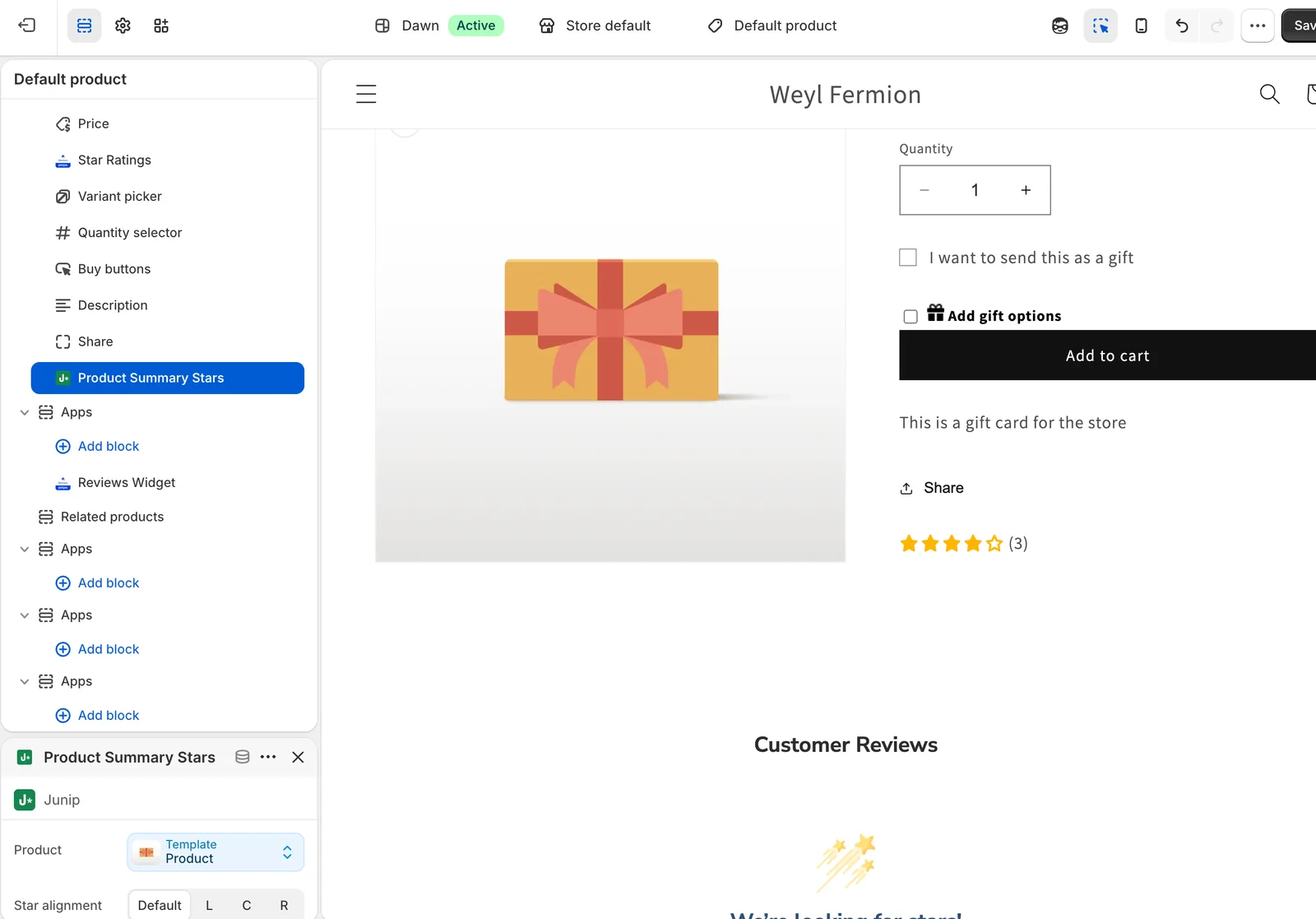 Shopify’s Dawn theme editor with the Junip Product Summary Stars block added under Product information on the default product template, showing preview stars beside the product details and the block’s product and star-alignment settings