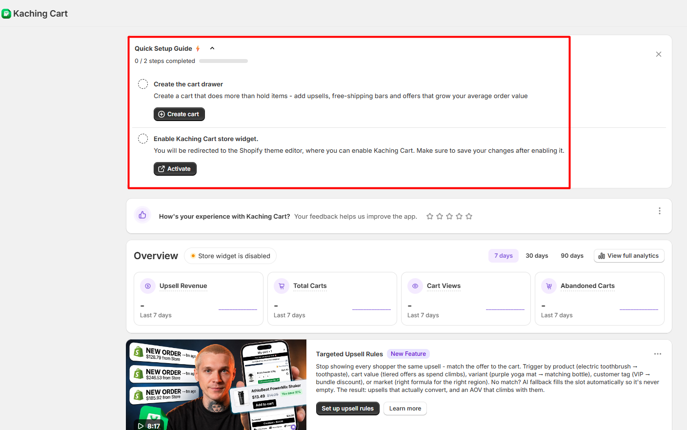 Kaching Cart dashboard showing the quick setup guide and app overview