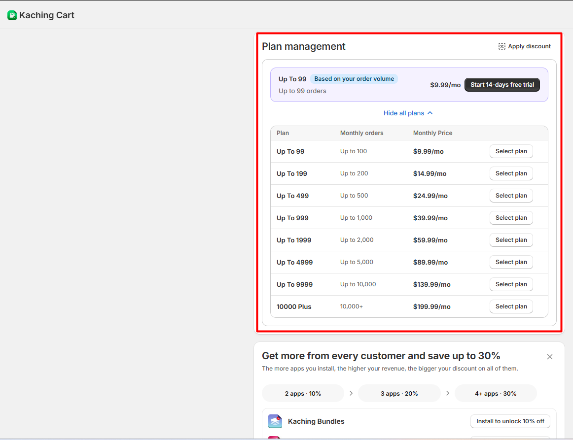 Kaching Cart pricing screen showing order-based monthly plans