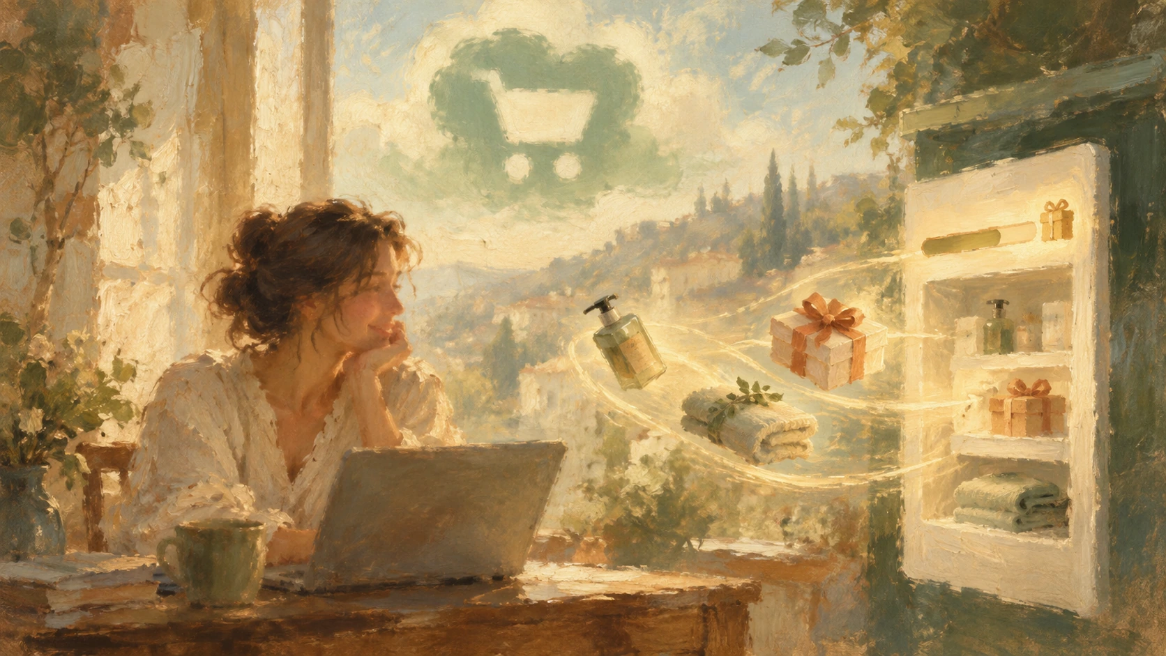 A soft vintage oil painting of a merchant beside an abstract shopping cart drawer, with floating gifts and a blurred green cart emblem in the sky.